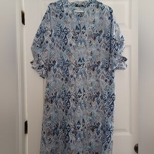 Olsen Womens Ikat Shift Dress Size M-L  12 Blue & White Hidden Buttondown Dress